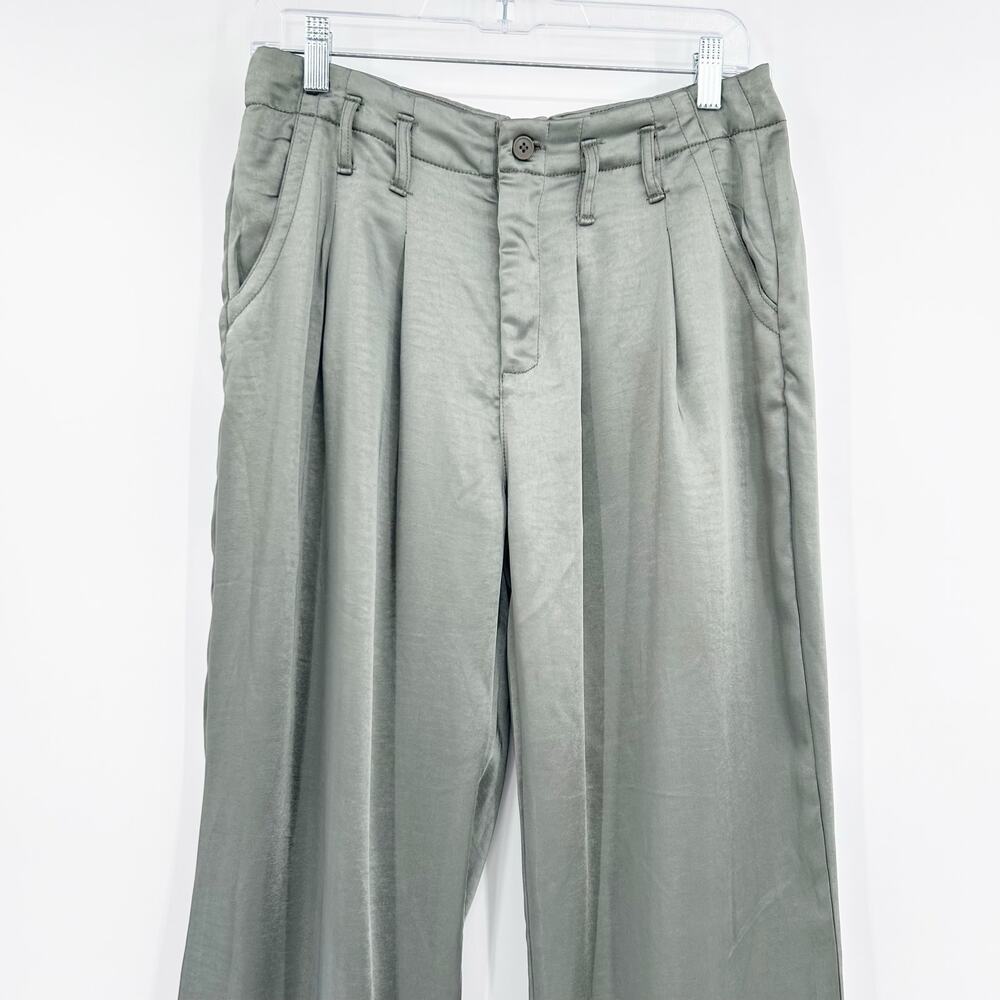 Vintage Havana Satin Pleated Wide Leg Pants Sage Green Trouser M Luxe Elevated - Picture 5 of 13